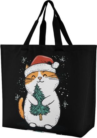 Generic Christmas Cat Tree Reusable Shopping Bags One Shoulder Grocery Tote Bag Waterproof Big Purse for Work Travel