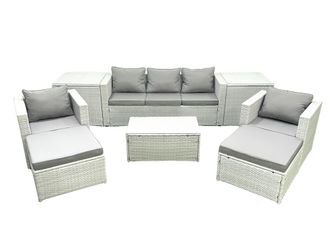 Fimous Rattan Garden Furniture Set with 3 Seater Sofa 2 Chair Rectangular Coffee Table 2 Big Footstools 2 Side Tables Light Grey Mixed 7 Seater