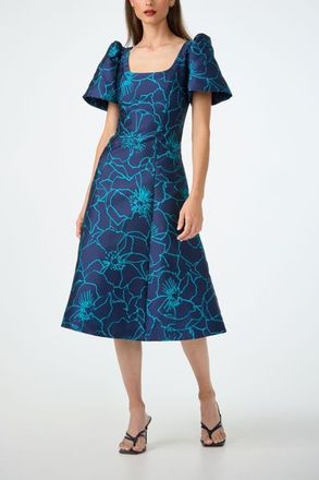 Trina Turk Valla Square Neck Jacquard Midi Dress in Tidewater Teal/ink at Nordstrom, Size 10