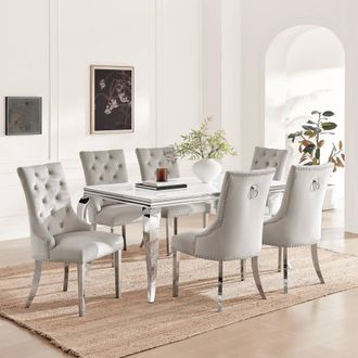 Furniturebox Skye Rectangle Marble Effect Dining Table & 6 Grey Belgravia Chairs
