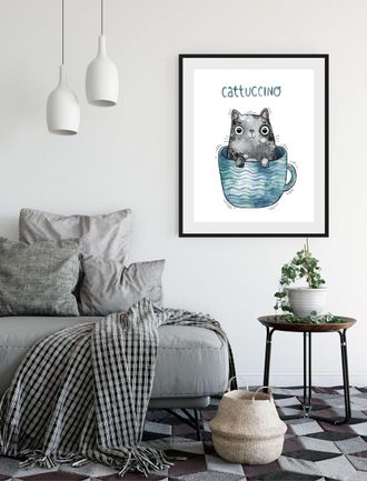 Queence Bild »Cattucino« Humor Kaffee Kaffee Bilder Katze Schriftzug 1 Stk. tlg. HD Premium Poster-Druck inkl. Holzrahmen