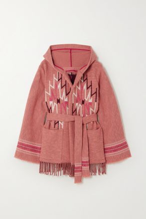 Fortela Cardigan In Misto Lana Jacquard Con Frange, Cintura E Cappuccio Felipa - Rosa