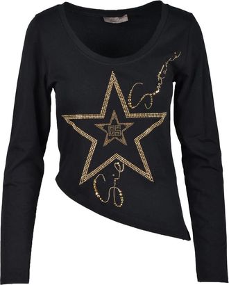 Gil Santucci Black Asymmetrical Hem Star Graphic Stretch Cotton Top