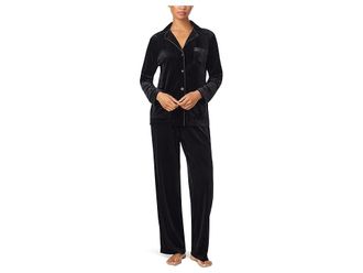Lauren Ralph Lauren Long Sleeve Velvet Notch Collar Long PJ Set Womens Pajama Sets Black : MD (US 8-10), Velvet/Spandex/Polyester