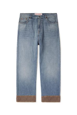 Valentino Garavani Straight-Leg Cropped Logo-Appliquéd Jacquard-Trimmed Jeans