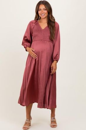 Pinkblush Satin Smocked Pleated Midi Dress in Mauve at Nordstrom, Size Medium