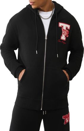 True Religion World Tour Champs Zip Front Hoodie in Jet Black at Nordstrom, Size X-Large