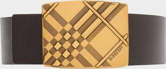 Burberry Mens Check-Engraved Buckle Reversible Leather Belt