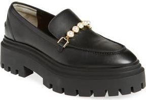 Stuart Weitzman Perla Imitation Pearl Lug Sole Loafer in Black at Nordstrom Rack, Size 7.5