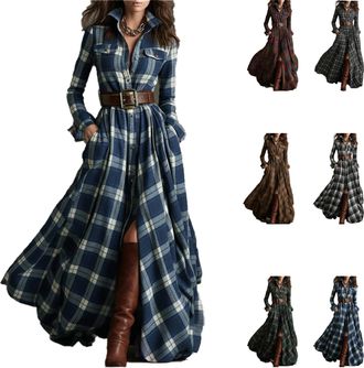 Generic Shirt Dress Plaid Maxi Shirt Dress Womens Long Sleeve Button Front Plaid Maxi Dresses V-Neck Button Split Dresses with Pockets Retro Western Cowboy St