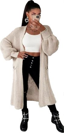 Generic Women Balloon Sleeve Knitted Open Front Long Cardigan Ladies Oversize Sweater Coatigan UK Size 8-16 (as8, Numeric, Numeric_16, Regular, Regular, Stone