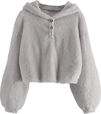 Generic Kids Girls Fuzzy Teddy Hoodies Long Sleeve Cropped Sweatshirts Solid Color Warm Loose Button Down Hooded PulloverSherpa Fleece Jacket Top Fall Winter 