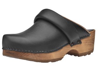 Sanita Chuso Chunky Mule Clog | Original Handmade Wooden Leather Clog for Women | Black | 6.5 UK