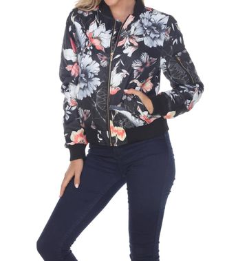 White Mark Floral Bomber Jacket In Black