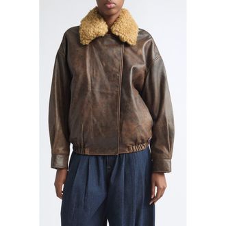 R13 Leather Bomber Jacket with Removable Genuine Shearling Collar in Brown at Nordstrom, Size X-Small