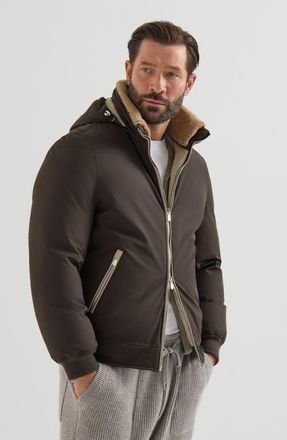 Brunello Cucinelli Stretch bonded nylon down jacket with detachable hood in Brown at Nordstrom, Size Xxx-Large