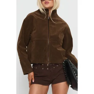 Princess Polly Jessalynn Faux Suede Full Zip Jacket in Brown at Nordstrom, Size 8