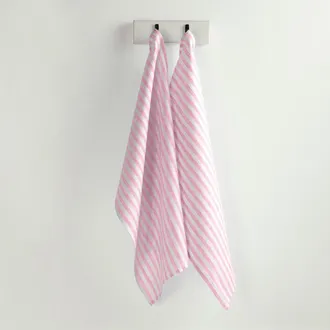 Solino Home Linen Kitchen Towels Set of 2, 17 x 26 Inch for Dining Table, Holiday and Everyday Table Decor - Amalfi Stripe in Cherry Blossom And