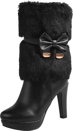 Generic Womens Mature Platform Mid Calf Boots Round Toe Super High Block Heel Slip On With Butterfly-Knot Accent