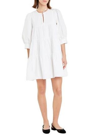 English Factory Blouson Sleeve Cotton Poplin Minidress in White at Nordstrom Rack, Size X-Small