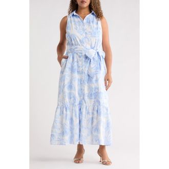 Sugarlips Poly Leaf Cileah Ruffle Collar Maxi Dress in Blue/White Multi at Nordstrom, Size 1 X