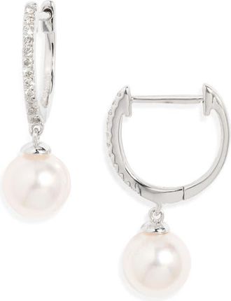 Nordstrom Diamond & Akoya Pearl Hoop Earrings in White- 14K White Gold at Nordstrom, Size 6.5-7 Mm