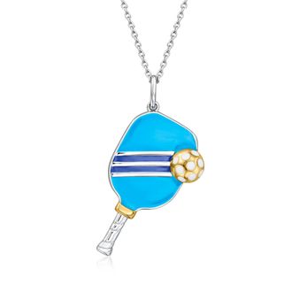 Ross-Simons Blue and White Enamel Pickleball Pendant Necklace in Sterling Silver and 18kt Gold Over Sterling