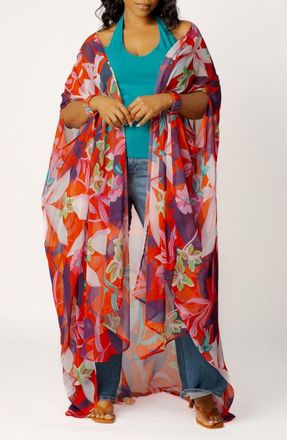 Buxom Couture Floral Robe with Wristband in Red Multi at Nordstrom
