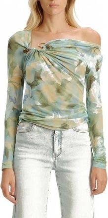 Bardot Marisol Asymmetric Mesh Top in Green Flo at Nordstrom, Size X-Small