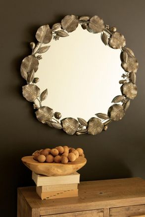 Kalalou Round Rustic Framed Mirror With Leaf Detail
