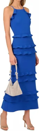 Aidan Mattox Sleeveless Crepe Flounce Midi Dress In True Blue