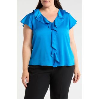 Tahari by ASL Ruffle Satin Top in Blue Jewel at Nordstrom, Size 2 X