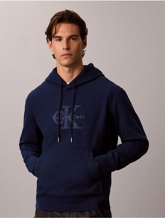 Calvin Klein Jeans Calvin Klein Mens Premium Terry Denim Monologo Hoodie - Blue - 2XL