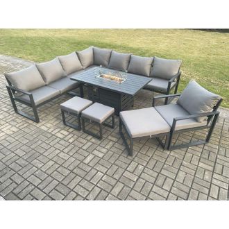Fimous Fimous Aluminium Lounge Corner Sofa Outdoor Garden Furniture Sets Gas Fire Pit Dining Table Set with Chair 3 Footstools Dark Grey