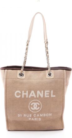 Chanel Beige Brown Canvas Leather Handbag Tote Bag (Pre-Owned)