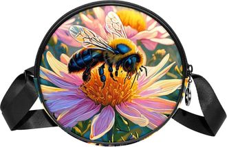 Generic Circle Crossbody Bag for Women, Color Drawing Bee Small Sling Bag Daypack with Zipper Adjustable Shoulder Straps Casual Ladies Girls Round Purse