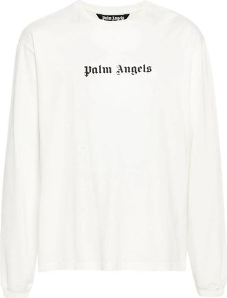 Palm Angels Logo Print Katoenen Crew Neck T-shirt - Heren - Longsleeves - Wit - XL - Katoen - Tops