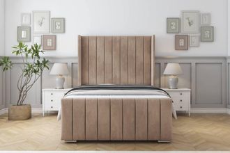 Sloomy Melbourne Naples Bed Frame With 50 Upholstered Wingback Headboard in Light Brown | Size: King