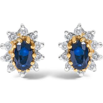 House of Brilliance 14K Yellow Gold 1/4 Cttw Diamond and Sapphire Sunburst Halo Stud Earrings at Nordstrom