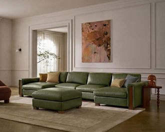 Castlery Tan France Kagan Leather 4-Piece U-Shape Sectional Couch with Ottoman, Lugano Moss Green