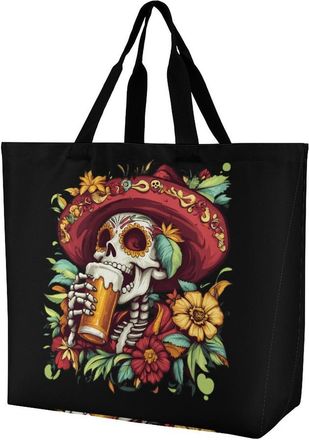 Generic Day of The Dead Skull Beer Large Reusable Shopping Bag Lightweight Foldable Tote Bags Washable Shoulder Handbag