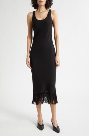 Poss&eacute; Bianca Fringe Hem Midi Dress in Black at Nordstrom, Size Xx-Large