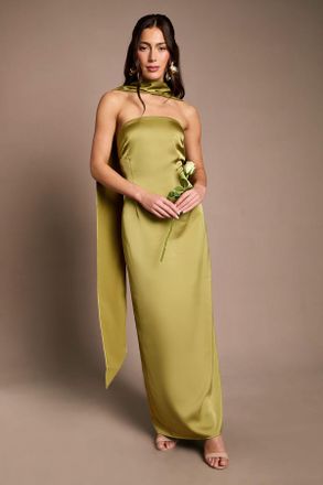 Oasis Womens Olive Bandeau Satin Bridesmaid Maxi Dress With Scarf - Green - Size 14 UK
