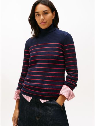 Tommy Hilfiger Womens Stripe Rib-Knit Turtleneck Sweater - Navy - XXL
