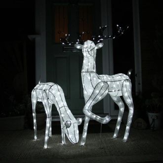 MonsterShop Large Light Up Stag & Doe Reindeer Set in White