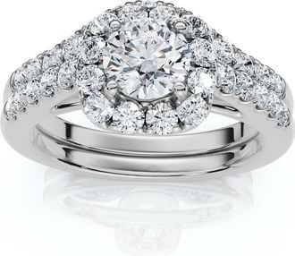 Pompeii3 1 1/10Ct Cushion Halo Diamond Engagement Ring & Matching Band Gold/Pt Lab Grown
