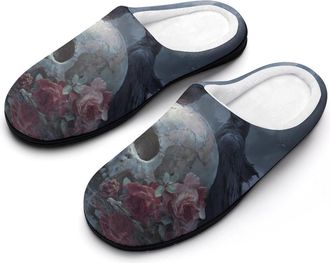 Generic Ravens Skull Rose Mens Cozy Cotton Slippers with Memory Foam Lightweight Anti-skid House Shoes for Indoor Outdoor