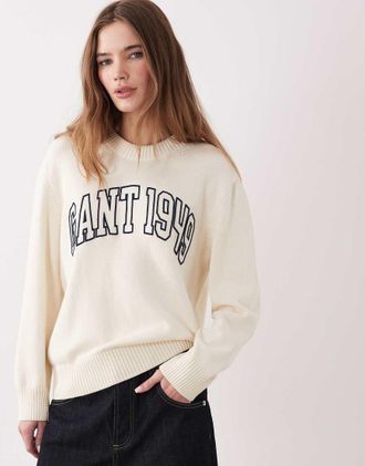 GANT Smanicato con scollo a V in lana dagnello lavorato a trecce color crema-Bianco