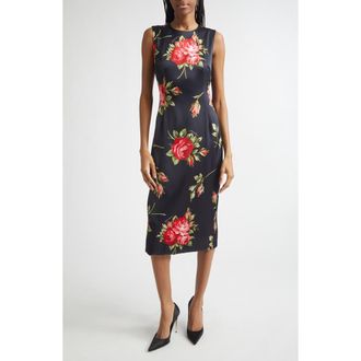 Dolce & Gabbana Rose Bouquet Print Stretch Satin Cocktail Dress in Bouquet Rose Nero at Nordstrom, Size 12 Us