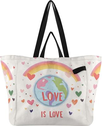 Generic Rainbow Earth Heart White pattern Reusable Canvas Tote Bag, Heavy Duty Grocery Shopping Bag with Hard Bottom Large Capacity Double Handles Work Grocer
